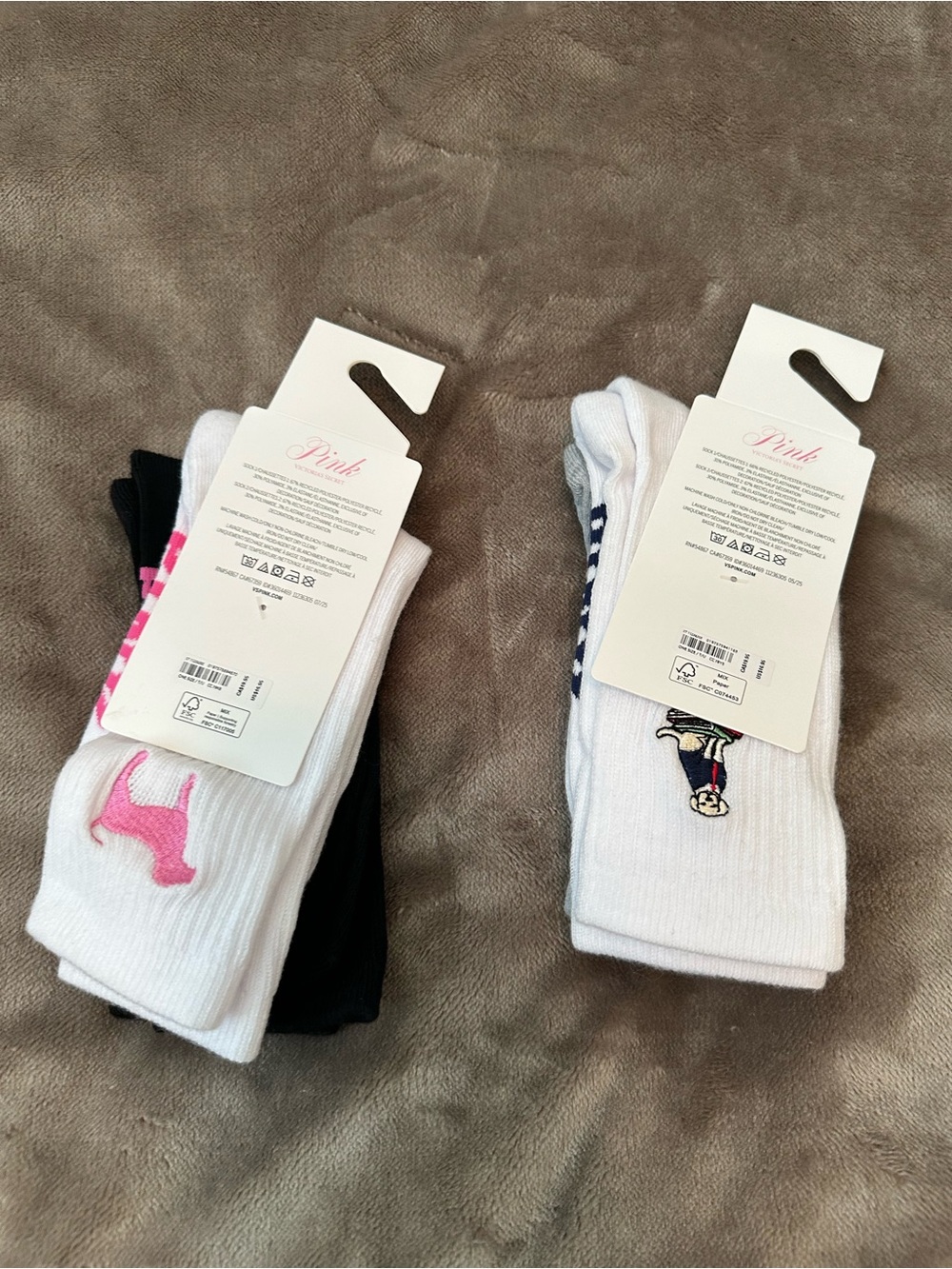 PINK Victoria's Secret White, Black & Pink Logo Crew Socks - 2 Pair - Picture 2 of 2